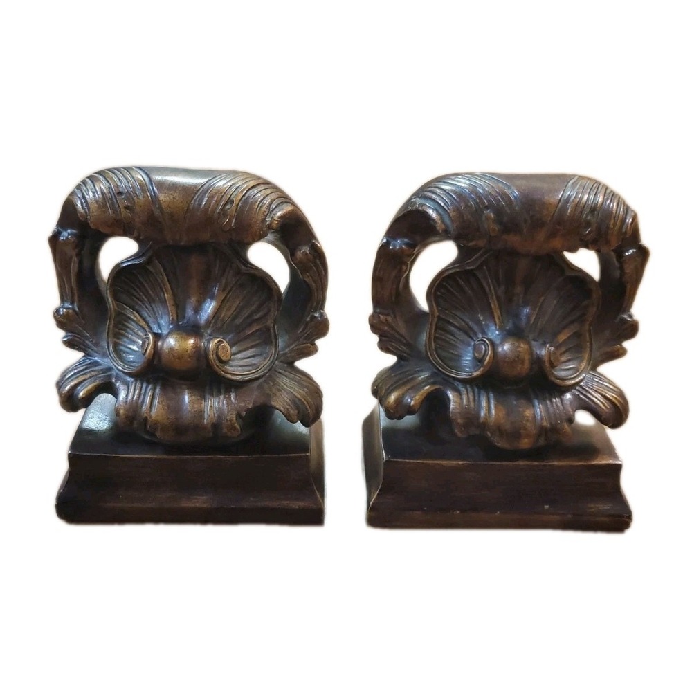 Set Of Two Resin High Bronze Shell Design Bookends Ornate Solid Heavy